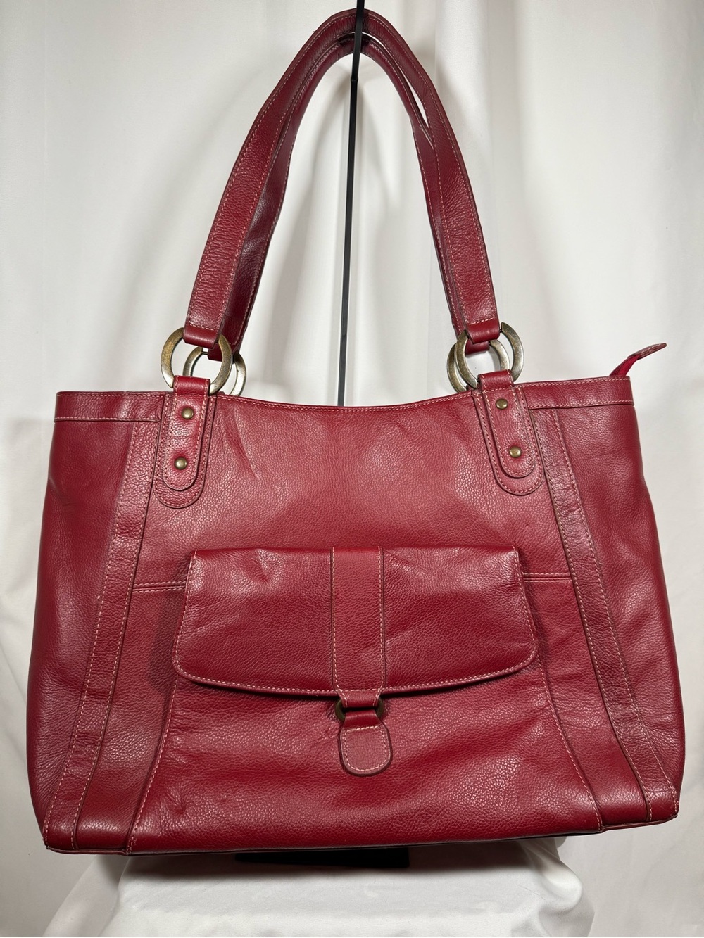 Franklin Covey Red Leather Shoulder Tote with Laptop Sleeve